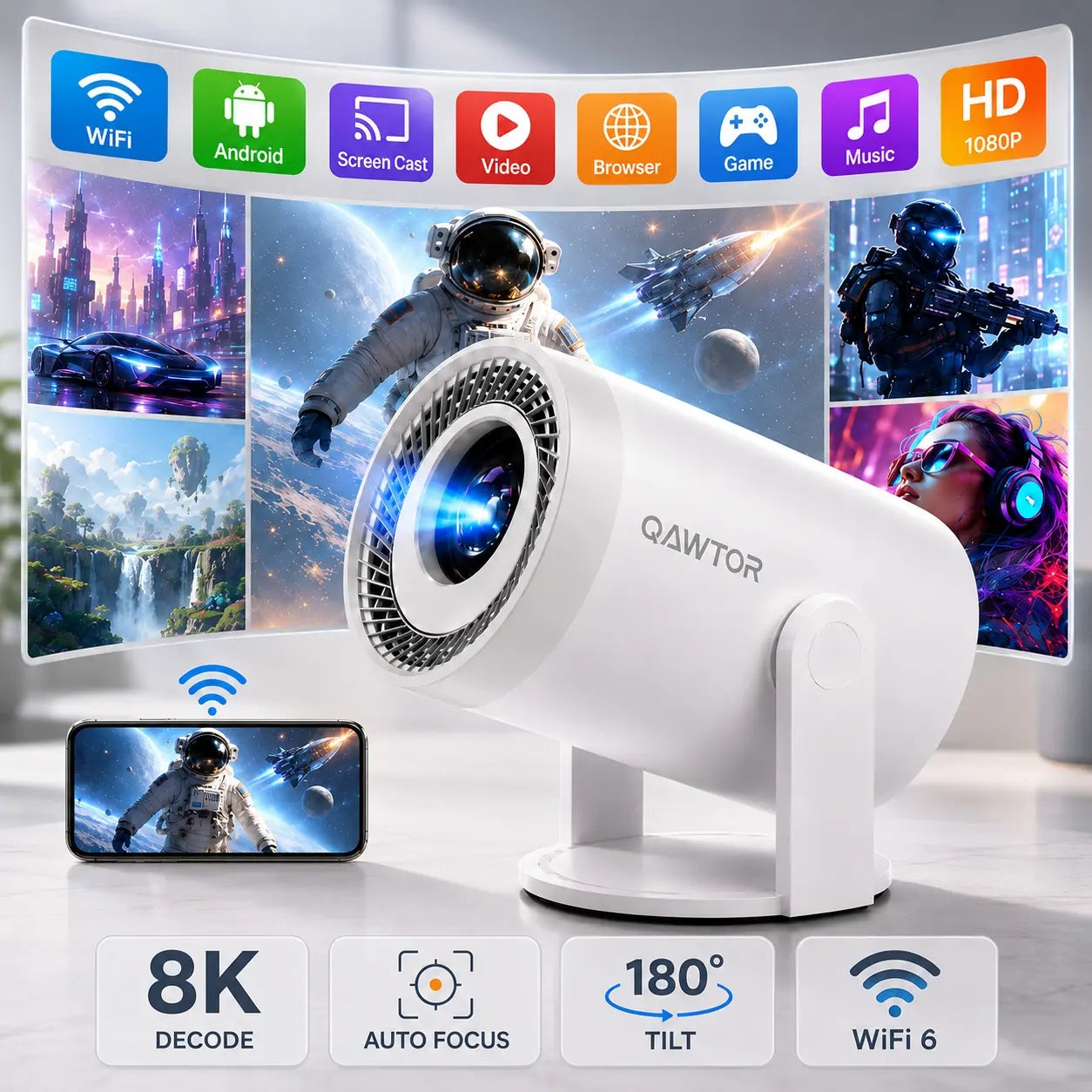 Ultra-Bright 300 Lumens Portable Mini Projector – 4K Decoding Smart Projector with 0.9:1 Short Throw, 360° Focus Ring, up to 235" Display for Home Theater, Bedroom & Travel,Deals for You Days