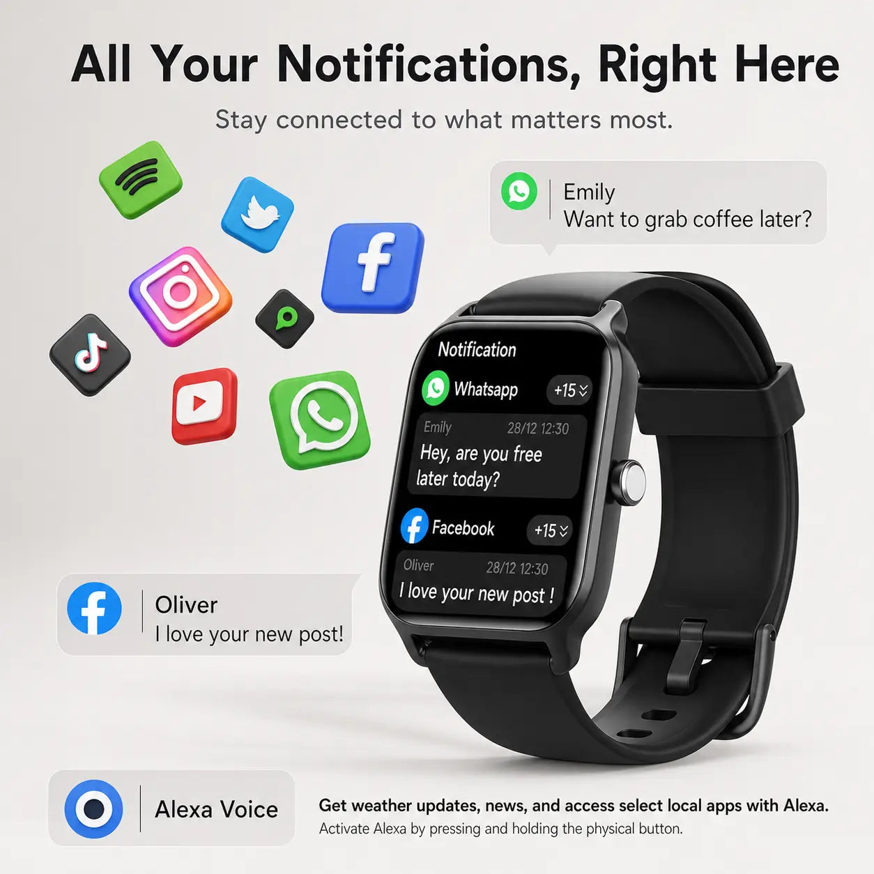 Smart Watch for Men and Women, 2.01" Touch Screen Lifestyle Watch with Message Reminder, Step Counter, Alarm, Timer, Music Control, Comfortable Strap, Compatible with Most Ios and Android Smartphones Fathersdaygift