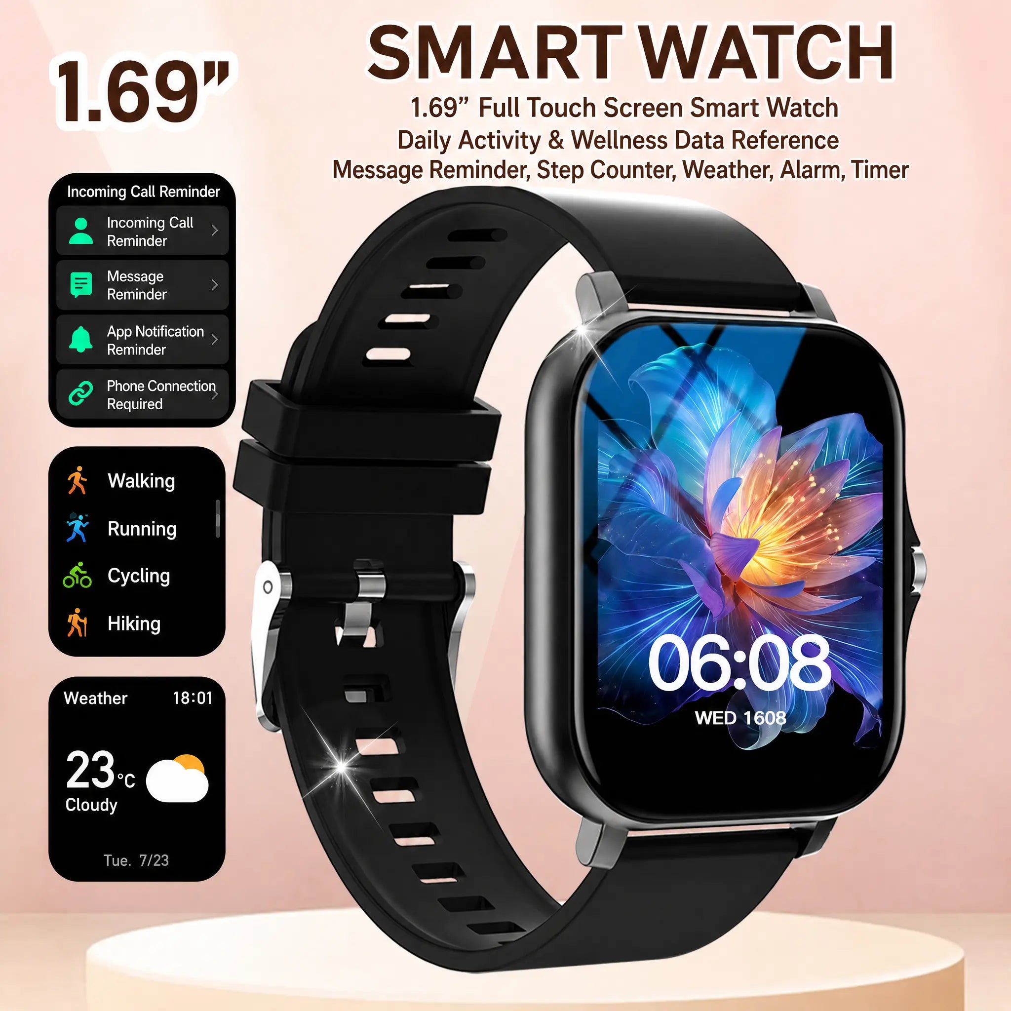Smart Watch for Men and Women, 1.83" Touch Screen Lifestyle Watch with Message Reminder, Step Counter, Alarm, Timer, Music Control, Comfortable Strap, Compatible with Most Ios and Android Smartphones Fathersdaygift