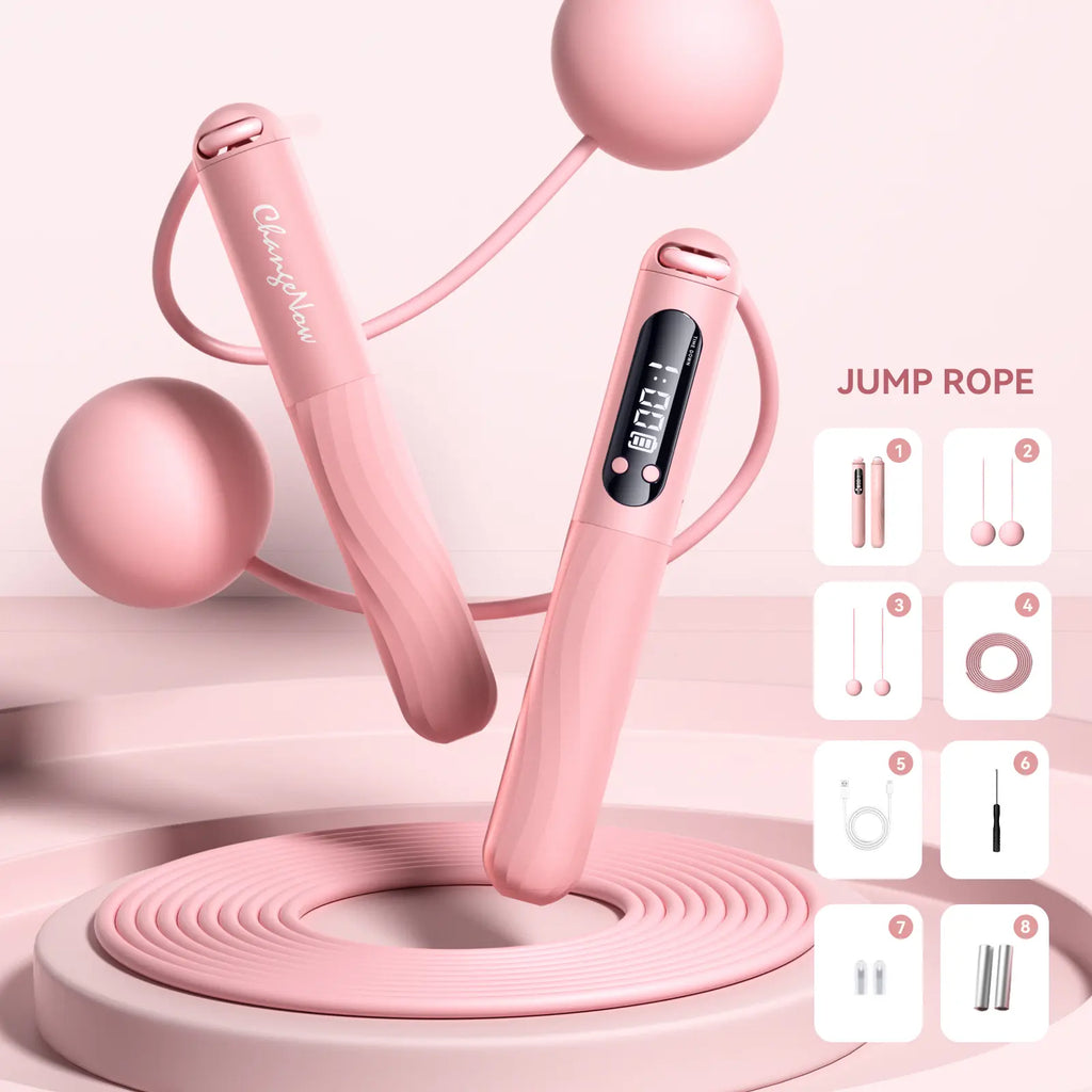 CHANGENOW Cordless Jump Rope with Large LED Display High-Precision Chip Cordless Ball Option Home Workout Equipment Pink