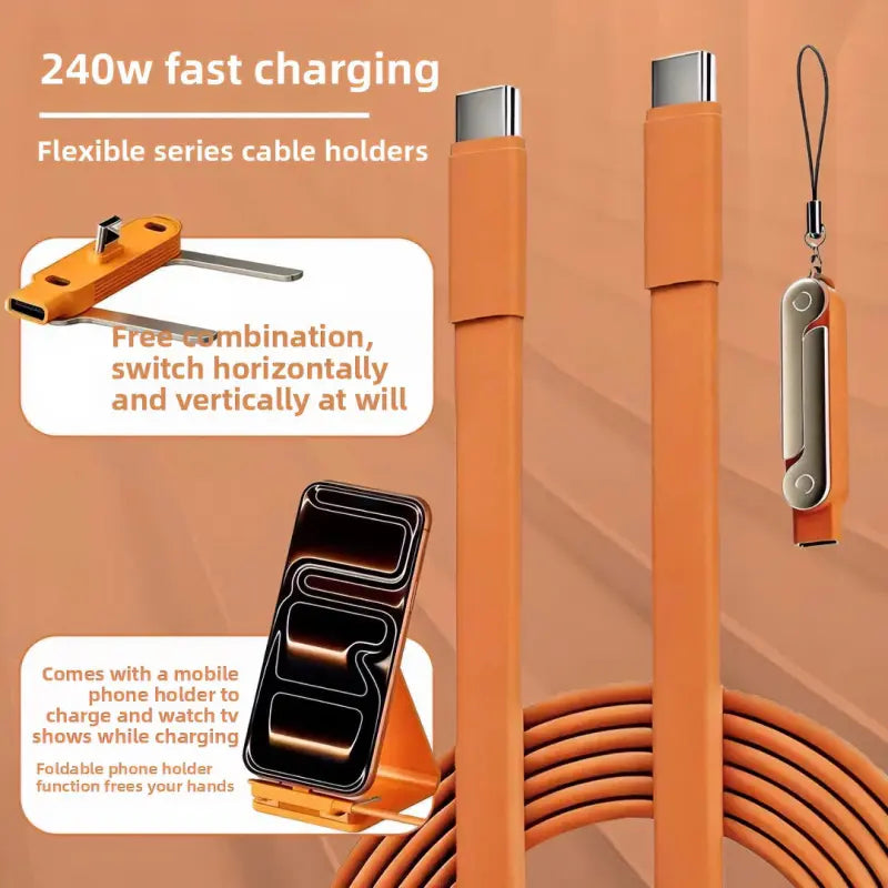 240W Supercharge 2-In-1 Detachable Type-C Cellphone Charging Cable, Zinc Alloy Silicone Electronic Cable with Rotating Invisible Stand, Single-Head Extend Mobile Charger for Apple Smartphones, Ideal for Gaming & Car Use (Phone Accessories)